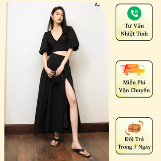 Set đầm vải tằm Nhật Cati cổ V tay bồng phối chân váy xẻ cạnh siêu trend mẫu mới nhất A2334