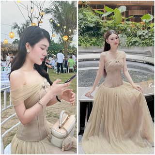 Sét đồ nữ sét đi biển váy đi tiệc váy nữ dự tiệc tafta nâu chân váy lưới liền