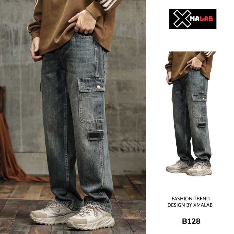 Quần jean nam túi hộp cargo pants Xmalab dáng suông dài cap chun ống rộng, quần bò cargo pant B128