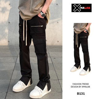 Quần kaki túi hộp nam ống rộng gấu xẻ cúc bấm Xmalab cạp chun dáng đứng, Quần cargo pants túi hộp nam ống suông B131