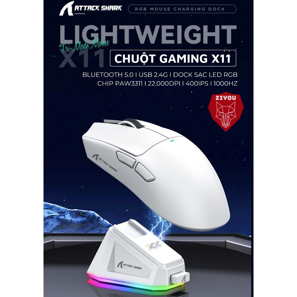 Chuột Không Dây Bluetooth Chuyên Gaming Ziyou Attack Shark X11 Chip Khủng PAW3311 Pollingrate 1Khz | BigBuy360 - bigbuy360.vn