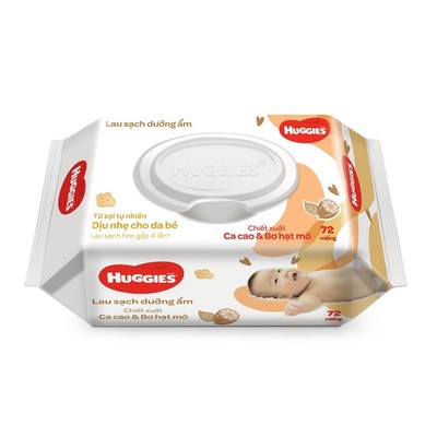 Khăn ướt Huggies Bơ hạt mỡ (dưỡng da) cao cấp, dày dặn, mềm mịn cho bé (72 miếng/gói)