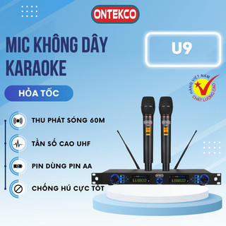 Mic không dây karaoke chuyên nghiệp ONTEKCO U9 chất liệu kim loại bền bỉ, dò tần số sạch, Chuyên dùng cho âm ly- Vang cơ