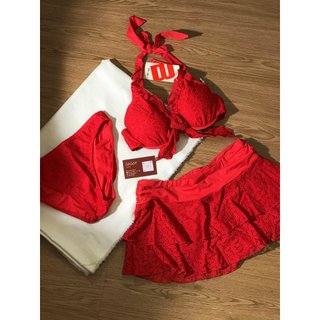 (SET 3 MÓN) Set bơi bikini ren lỗ viền bèo kèm váy xòe phong cách Hàn Quốc xuất dư đi biển ngày hè cho nữ