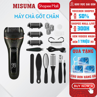 Máy chà gót chân misuma sạc điện 2 tốc độ, máy mài gót chân tẩy tế bào chết tặng bộ dụng cụ chà gót chân 10 món