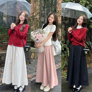 Chân váy midi dáng dài chữ a tiểu thư cạp cao chun eo nữ