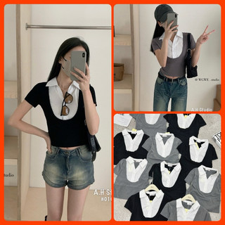 Áo thun zip phối cổ sơ mi / Phông ôm phối 010 A180N Nhung Nhớ Boutique [Có sẵn]