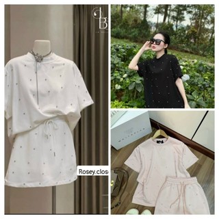 Sét mì nỉ áo phông kèm chân váy đính đá 4 màu tiểu thư cá tính_HÀNG LOẠI 1, Sét bộ đính đá_Rosey.closet