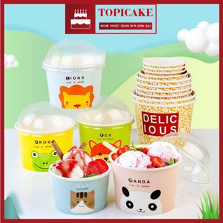 Sét 50 cốc nắp cừu 240ml có nắp, cốc giấy đựng kem nắp cầu, ly giấy dùng 1 lần đựng bánh kem