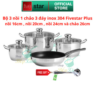 Bộ nồi chảo chống dính bếp từ inox 304 Fivestar Plus nắp kính , tặng 1 vá canh - hàng chính hãng