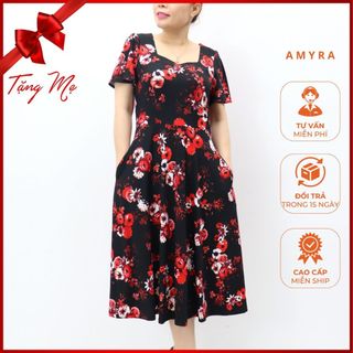 Đầm trung niên cho mẹ u50 bigsize sang trọng cao cấp AMYRA - Váy hoa nhí dự tiệc thiết kế dáng xòe cao cấp VA002