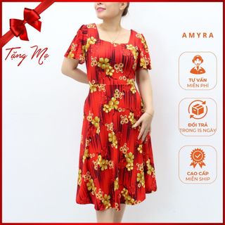Váy trung niên bigsize sang trọng cao cấp u40,u50 AMYRA - Đầm hoa nhí dự tiệc thiết kế dáng xòe cao cấp 45kg-85kg VA054