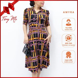 Váy nữ trung niên bigsize dự tiệc sang trọng AMYRA - Đầm trung niên cho mẹ dáng suông cổ sơ mi rằn ri 45-85kg VA040