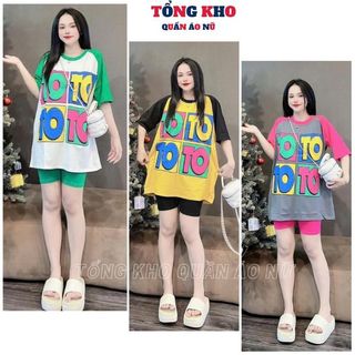 Set bộ thun nữ lửng ngố, Set áo thun from rộng in chữ phối màu mix quần ôm lửng trẻ trung năng động - TONGKHO