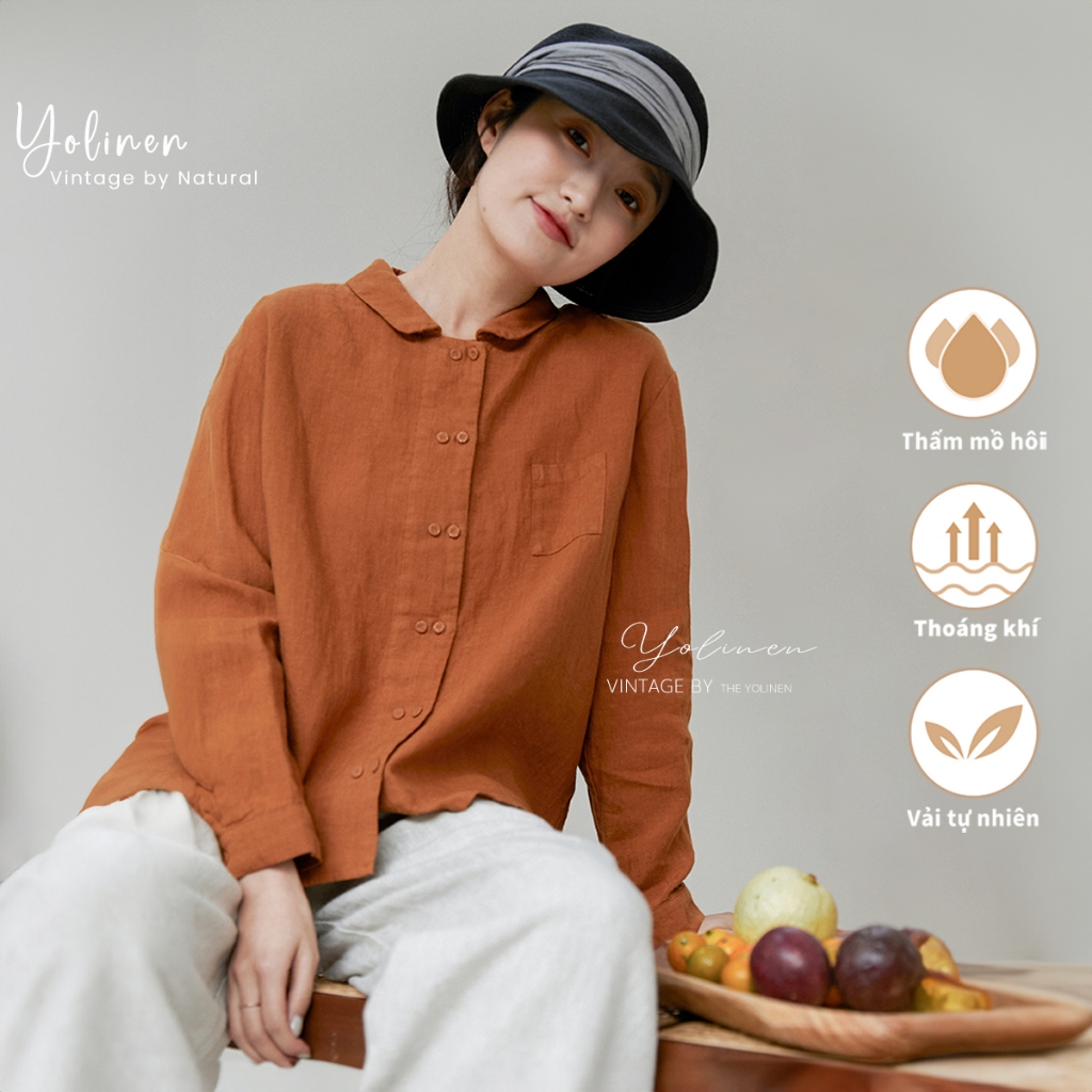 Áo sơ mi nữ form rộng 2 hàng nút YOLINEN màu cam đất vintage trẻ trung vải linen thoáng khí ASM05 | BigBuy360 - bigbuy360.vn