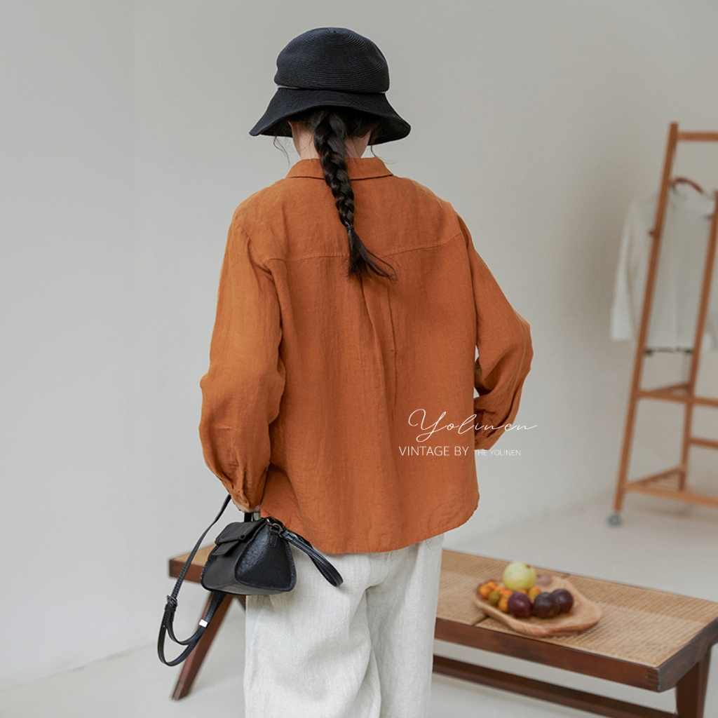 Áo sơ mi nữ form rộng 2 hàng nút YOLINEN màu cam đất vintage trẻ trung vải linen thoáng khí ASM05 | BigBuy360 - bigbuy360.vn