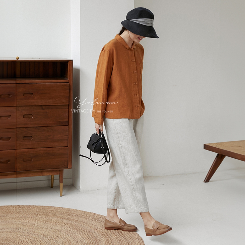 Áo sơ mi nữ form rộng 2 hàng nút YOLINEN màu cam đất vintage trẻ trung vải linen thoáng khí ASM05 | BigBuy360 - bigbuy360.vn