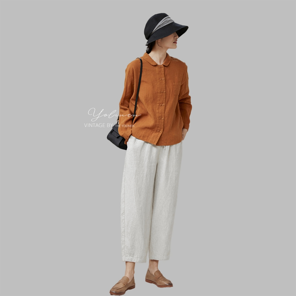 Áo sơ mi nữ form rộng 2 hàng nút YOLINEN màu cam đất vintage trẻ trung vải linen thoáng khí ASM05 | BigBuy360 - bigbuy360.vn