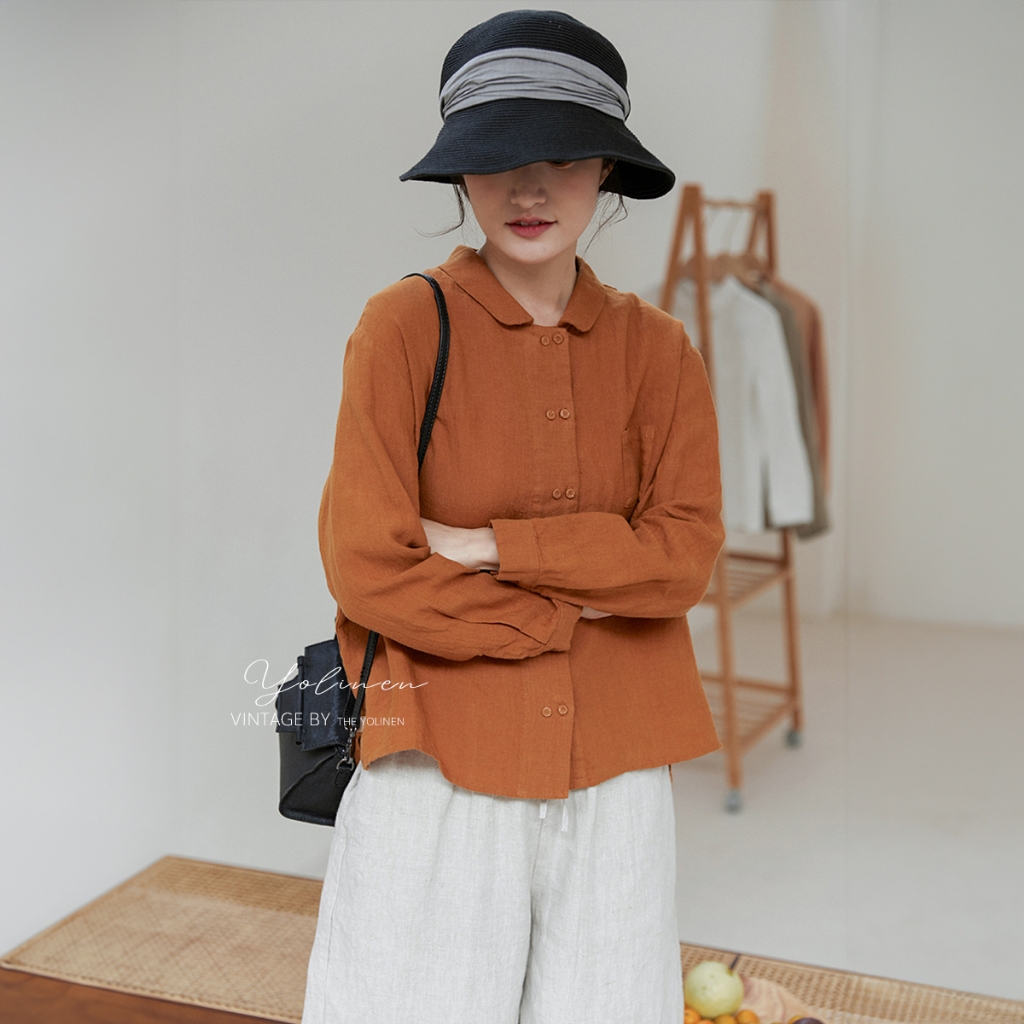 Áo sơ mi nữ form rộng 2 hàng nút YOLINEN màu cam đất vintage trẻ trung vải linen thoáng khí ASM05 | BigBuy360 - bigbuy360.vn
