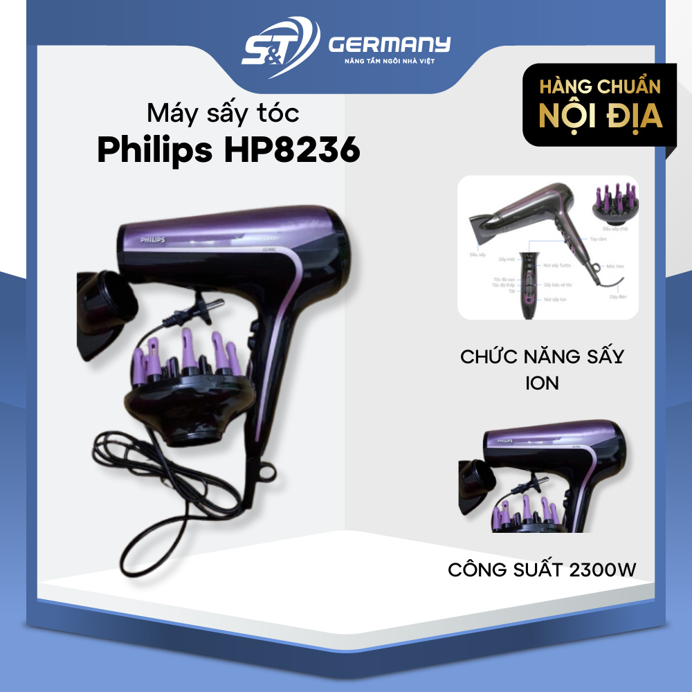 Máy Sấy Tóc Philips HP8236 Cống Suất 2300W 6 Mức Độ Sấy Mát Linh Hoạt Tạo Kiểu Chuyên Nghiệp GermanySnT 210011