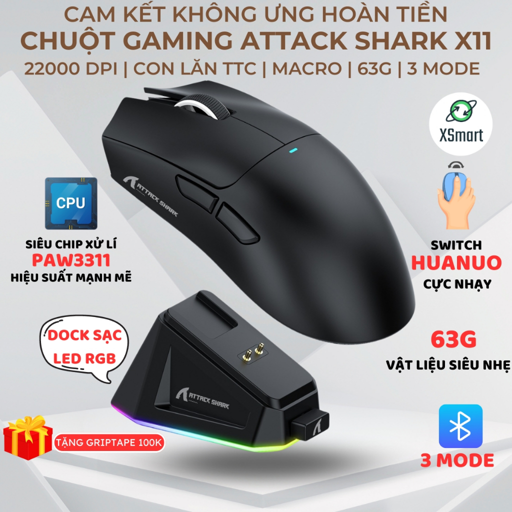[Top Value] Chuột Gaming Không Dây Bluetooth Attack Shark X11 Chip PRO PAW3311 Có Dock Sạc LED, 2200