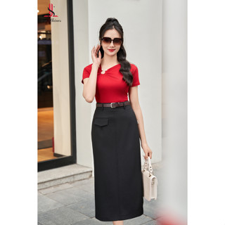  Áo thun nữ kiểu lệch vai Lee Shines áo thun eo cổ V đính ngọc nơ xoắn điệu đà chất cotton 100% 