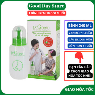 Bình xịt rửa mũi 240ml Dr Green,Tặng kèm 10 gói muối biển nha đam,Sử dụng cho người lớn và trẻ trên 1 tuổi