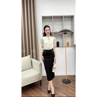 Set áo sơ mi chấm bi + chân váy bút chì 2 lớp