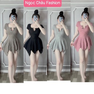 Đầm váy tay ngắn xòe tà cổ u phối nút trích eo chất len đũa (mát, mịn) 4 màu form 38-53kg