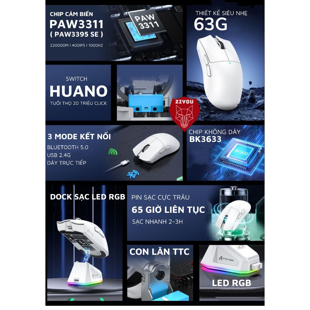 Chuột Không Dây Bluetooth Chuyên Gaming Ziyou Attack Shark X11 Chip Khủng PAW3311 Pollingrate 1Khz | BigBuy360 - bigbuy360.vn