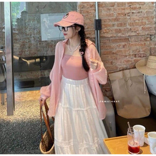Set smi hồng + crop 2s hồng + chân váy midi trắng