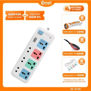 Ổ Cắm Điện Comet CES4433 công suất 2500w dây 3m, 3 ổ 2 chấu, 4 ổ 3 chấu nhựa ABS chịu nhiệt, có công tắc an toàn