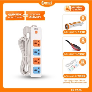 Ổ Cắm Điện Nối Dài COMET CES10405 Dây Dài 5M, 4 Lỗ 3 Chấu, Chất Liệu Nhựa Pp Chống Cháy, Có Cầu Chì Bảo Vệ