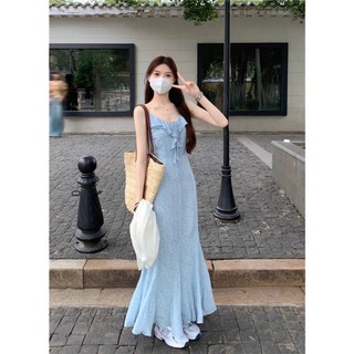 [ORDER] Váy Đầm Hai Dây Hoa Xanh, Đầm Đuôi Cá Thiết Kệ Nhẹ Nhàng Hàng Loại Đẹp
