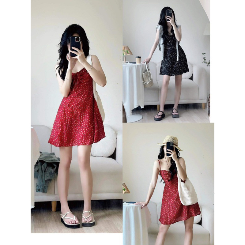 Váy-Đầm Hoa Nhí 2 Dây rút ngực 2 màu đỏ,đen siêu xinh Mina Dress | BigBuy360 - bigbuy360.vn