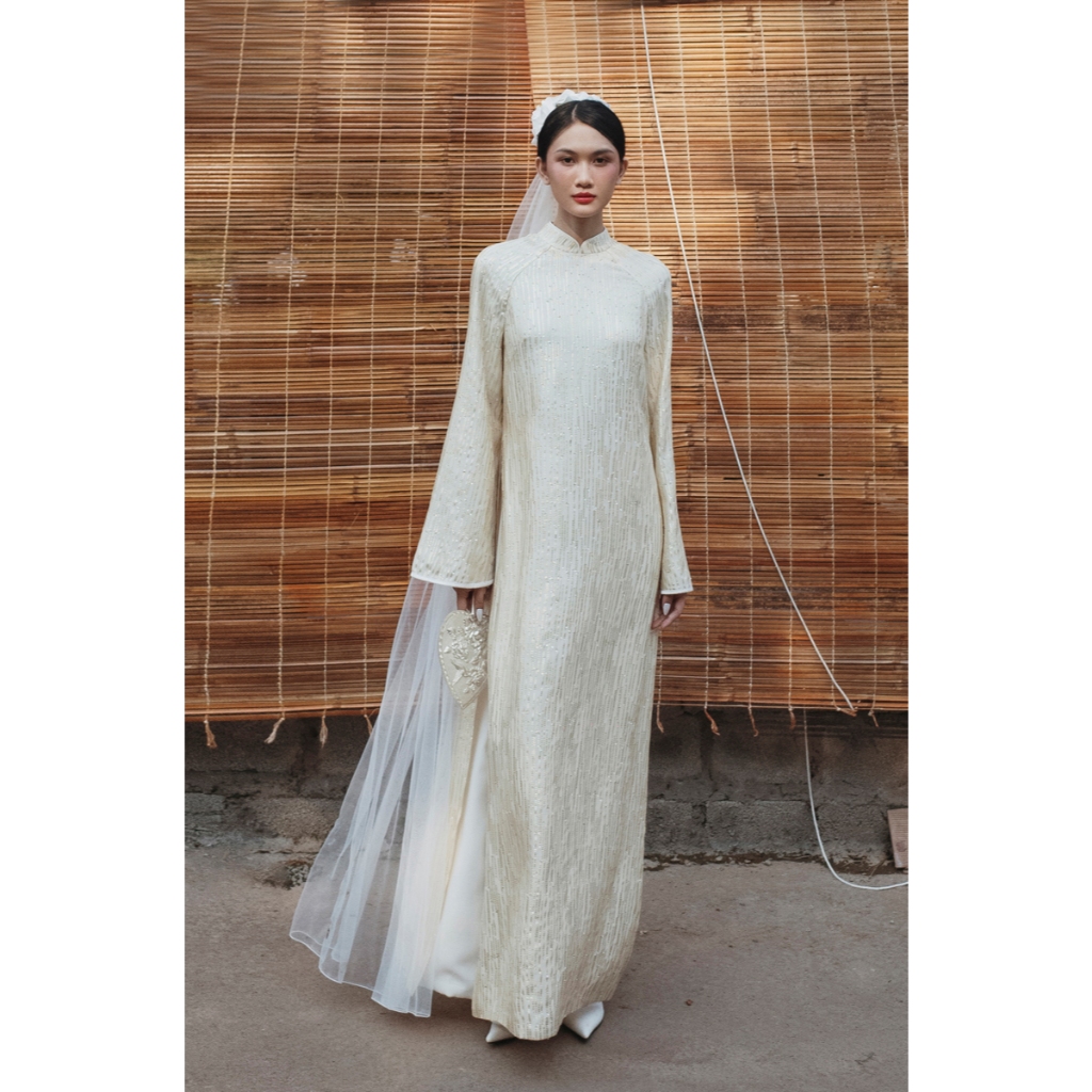   XÉO XỌ  Set áo dài Thái Kim chất liệu tơ tằm dệt kim tuyến dáng suông dài tay loe 