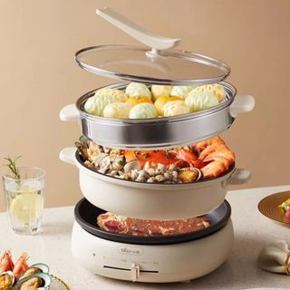 Nồi lẩu điện đa năng bear dung tích 4l, nồi đa năng nấu lẩu, hấp, chiên, hầm công suất 1500w kèm khay hấp chảo rán