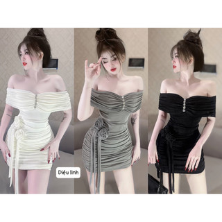 Đầm trễ vai body thun nhúng viền đá nhún eo đính ngực siêu đẹp tôn dáng sang chảnh