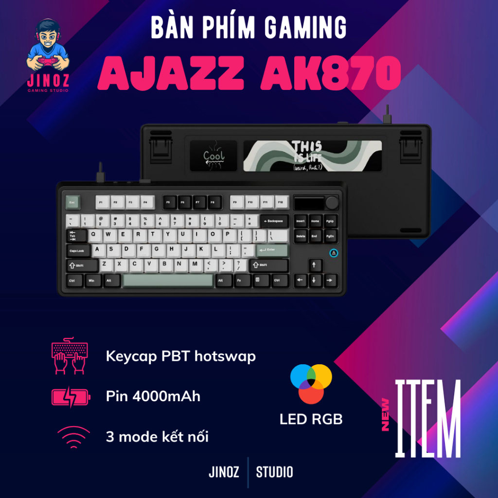 Bàn phím cơ TKL AJAZZ AK870, hot-swap tích hợp núm màn hình, pin 4000MAH ba chế độ prebuild cực tốt.