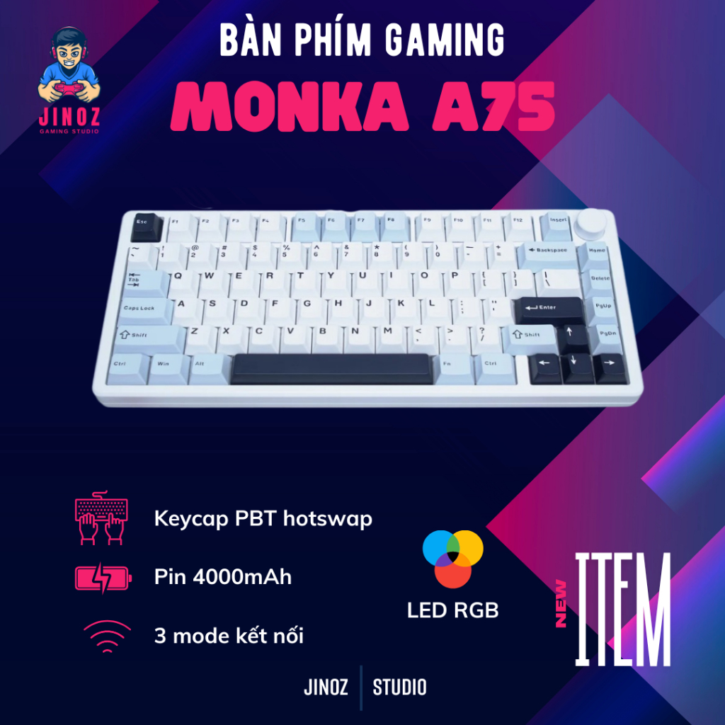 Bàn Phím Cơ Không Dây Monka A75 - Nhôm CNC - 3 Mode - Hotswap Mạch Xuôi - Led RGB