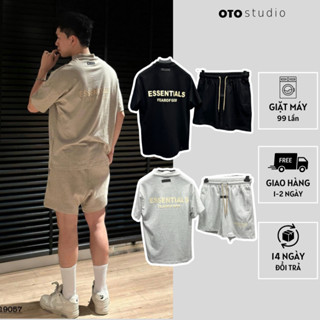  Bộ Đồ Nam Cộc Tay Mặc Hè Essentials Cổ Tim In Chữ Cao Su Nổi Sau Lưng Thêu Logo Basic Cho Các Boy Phố Đi Chơi Đi Biển 