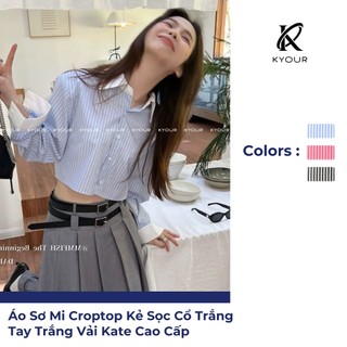 Kyour Áo Sơ Mi Croptop Nữ Kẻ Sọc Cổ Và Tay Trắng Vải Kate Cao Cấp Hot Trend 2024