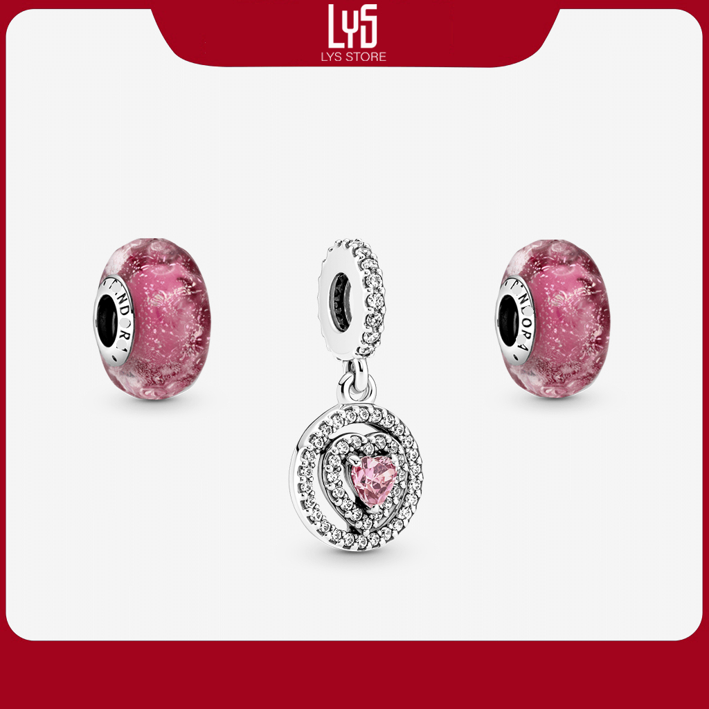 Bộ Trang Sức bạc S925 Charm Thủy Tinh Hồng Và Charm Đính Đá Hình Trái Tim Hồng Tình Yêu 1261-1347