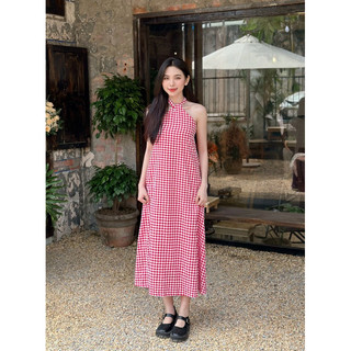 [CC] Đầm maxi cổ yếm vải caro