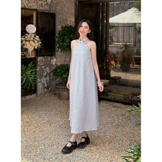 [CC] Đầm maxi cổ yếm vải caro