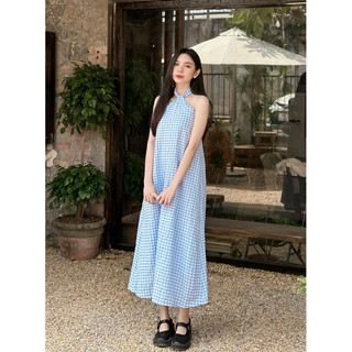 [CC] Đầm maxi cổ yếm vải caro