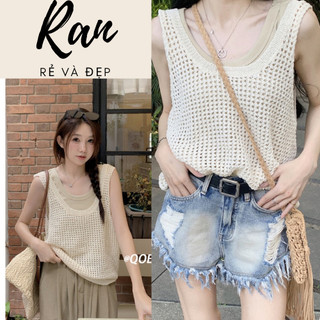 Set áo lưới kèm áo ba lỗ croptop, Áo ba lỗ thoáng mát năng động hàng len móc phù hợp đi biển đi du lịch Ranstore