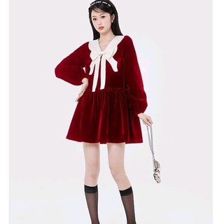 Đầm nhung babydoll cổ bèo kiểu tay phồng xinh xắn