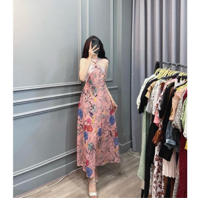 ĐẦM MAXI HOA HỒNG CỔ YẾM