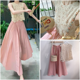Set áo ren nude sát nách chân váy midi hồng
